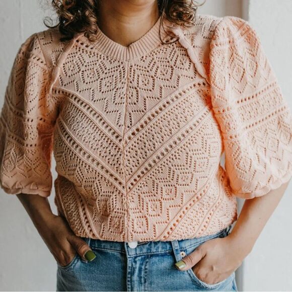 Bishop + Young Eva Pointelle Short Sleeve Sweater in Peach Size Small - Picture 1 of 7